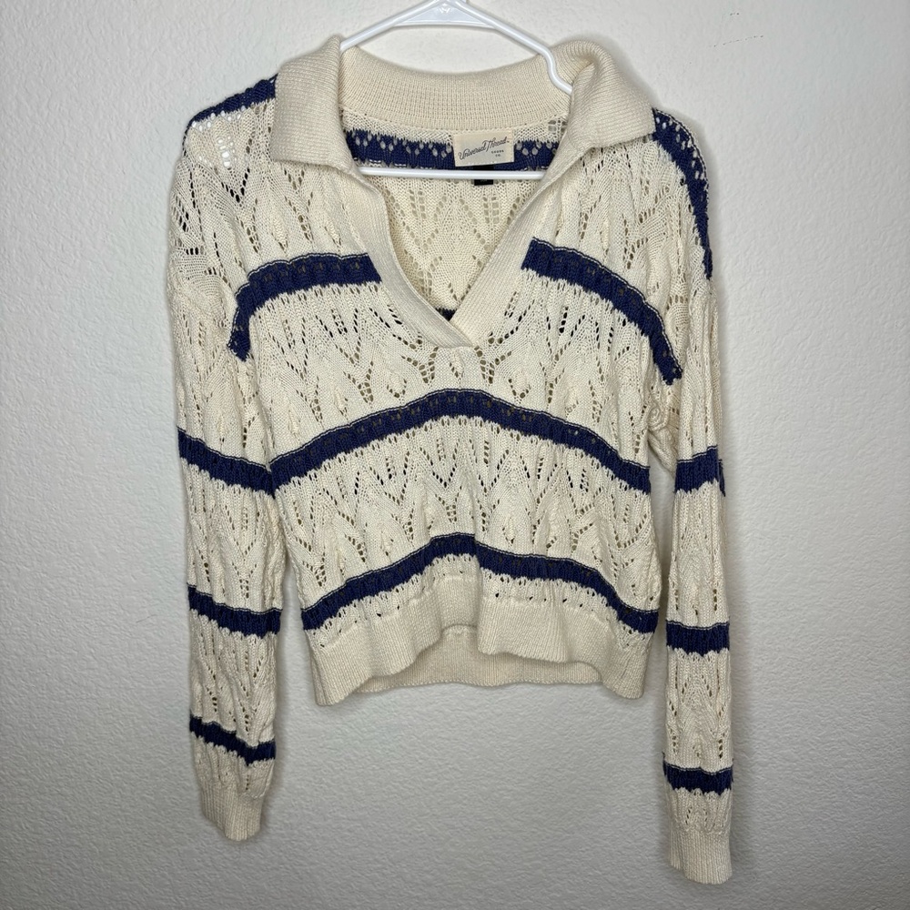 100% cotton blue and cream striped Open-Knit Collared Sweater